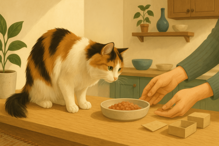 AI illustration of a long-haired calico cat with her paws on a kitchen counter, leaning in to sniff a small dish of wet food a person is setting down for her.