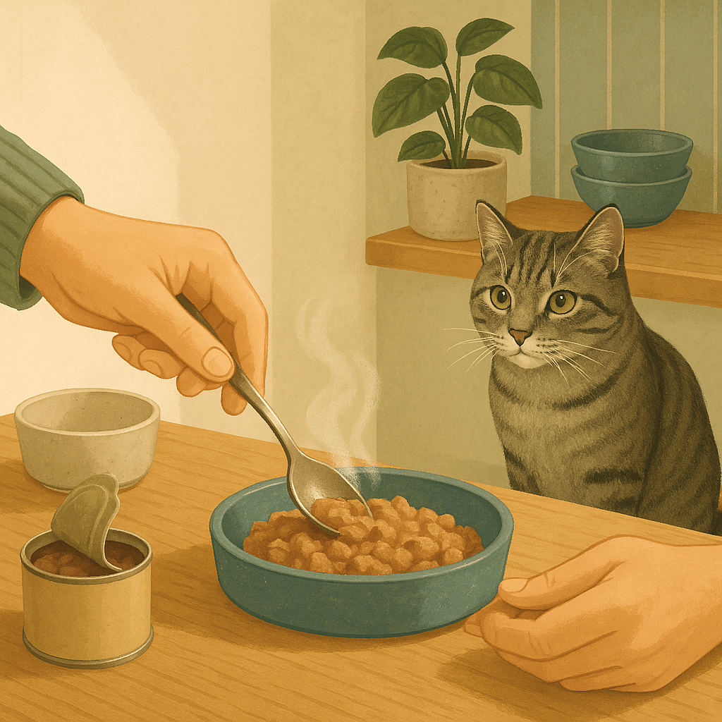 AI illustration of a person stirring warm wet cat food in a small dish at a kitchen counter while a grey tabby cat watches with interest from the floor nearby.