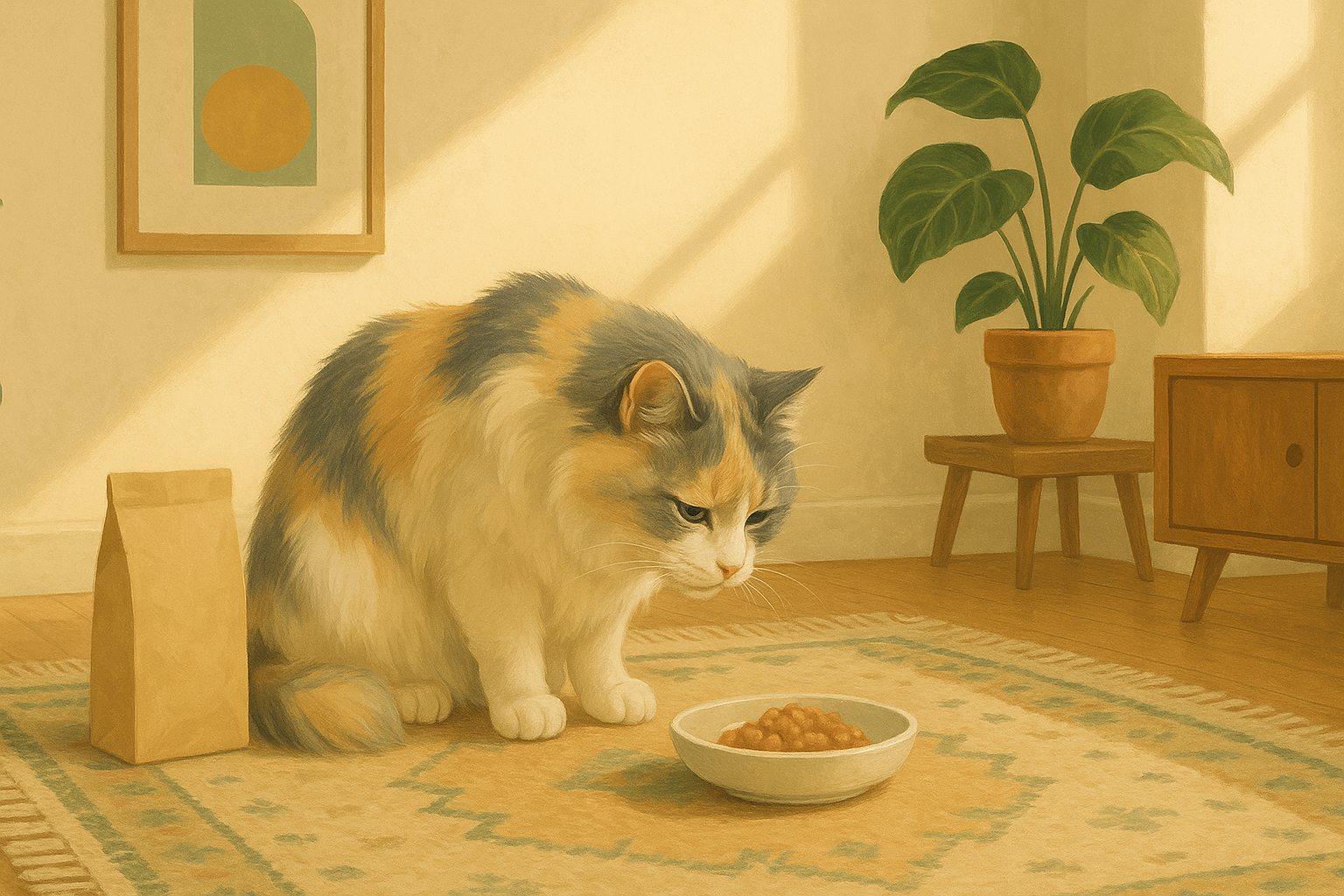 AI illustration of a wary dilute-calico long-haired cat leaning back to sniff a small dish of unfamiliar food on a sunlit floor.