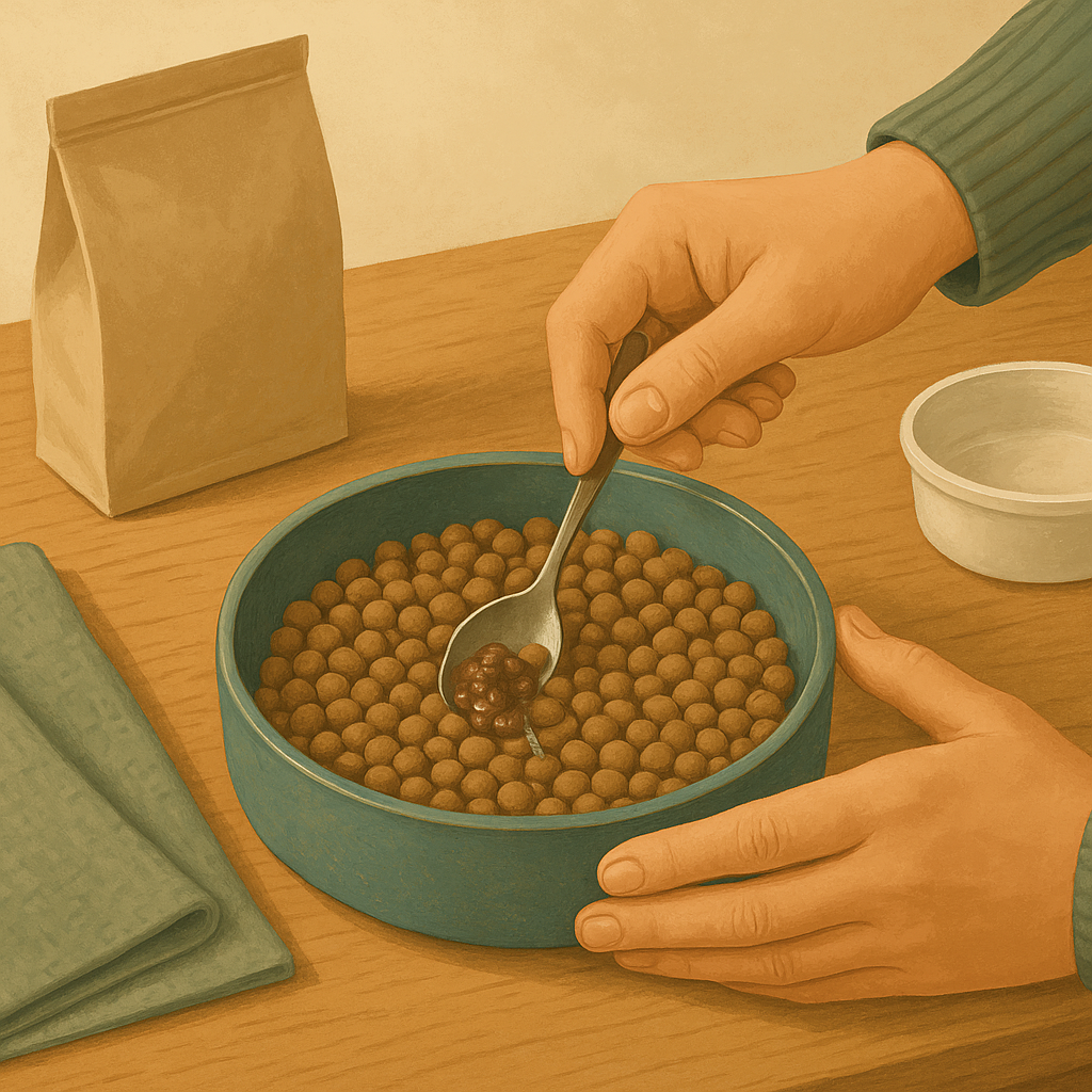 AI illustration of hands stirring a spoonful of new food into a bowl of the cat's current food at a kitchen counter.
