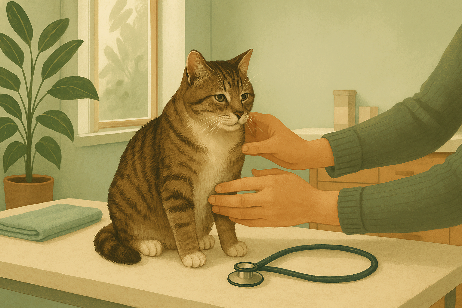 AI illustration of a calm older brown tabby cat sitting on a veterinary exam table while gentle hands examine its side during a senior check-up.