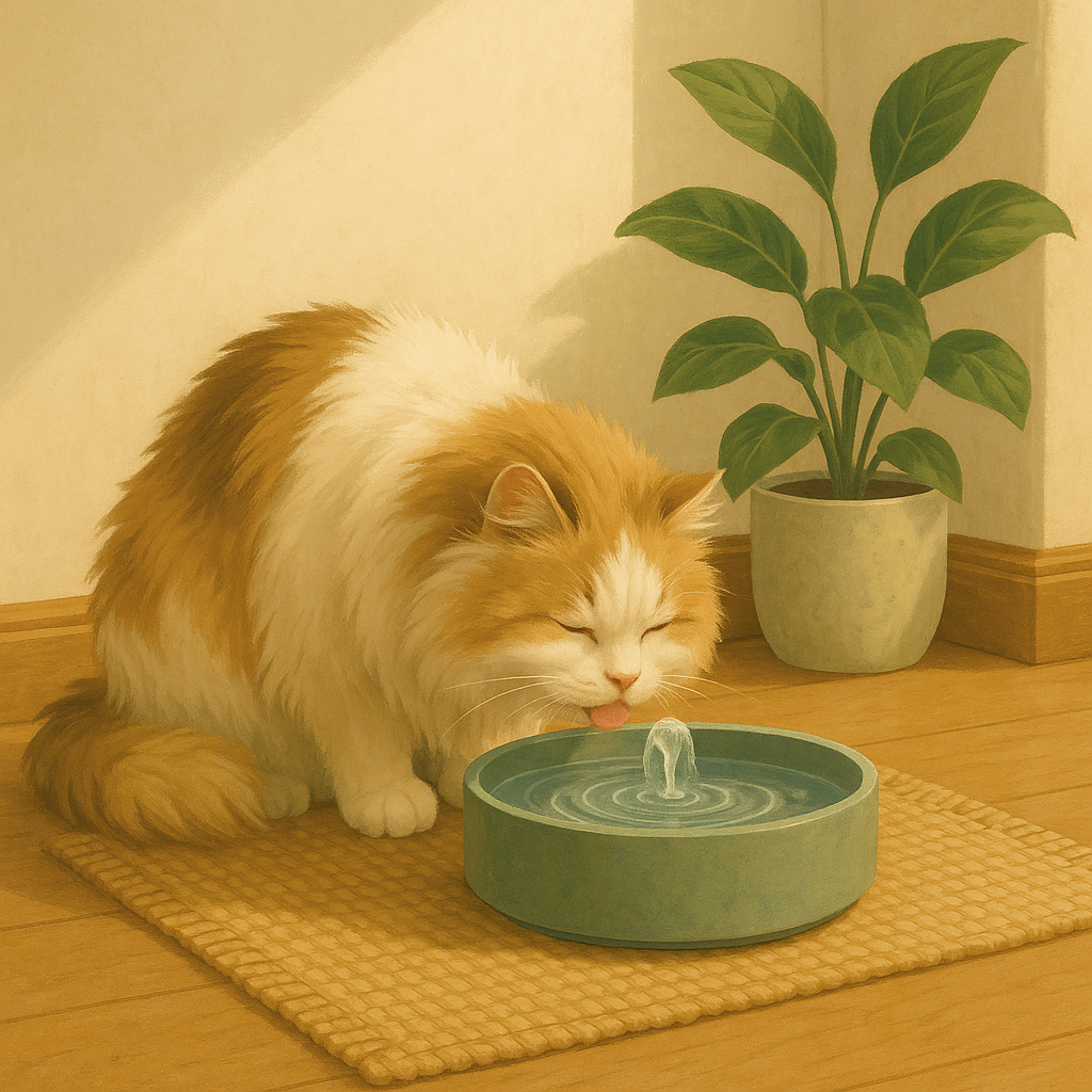 AI illustration of a fluffy cream and white long-haired senior cat drinking from a softly bubbling water fountain in a sunlit corner of a home.