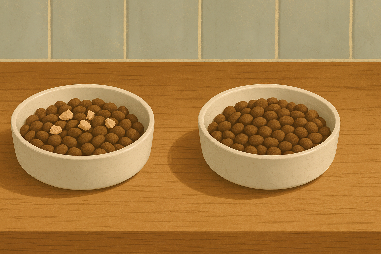 AI illustration of two white bowls of grain-free kibble side by side on a wooden counter, the left flecked with pale freeze-dried raw pieces and the right dotted with darker supplement bits, with a small scoop between them.