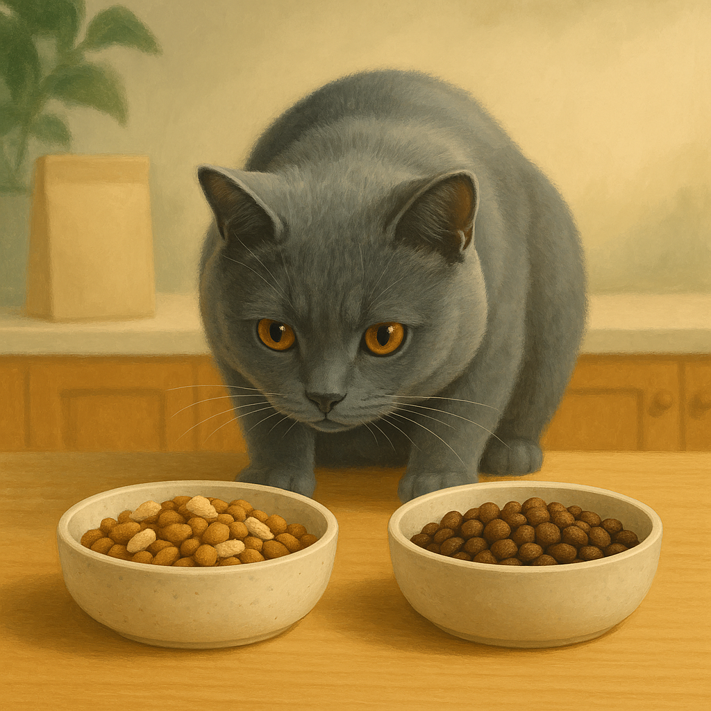 AI illustration of a plush grey-blue shorthair cat on a wooden counter leaning between two small bowls of grain-free kibble, one flecked with pale freeze-dried raw pieces and the other with darker bits, deciding which to try.