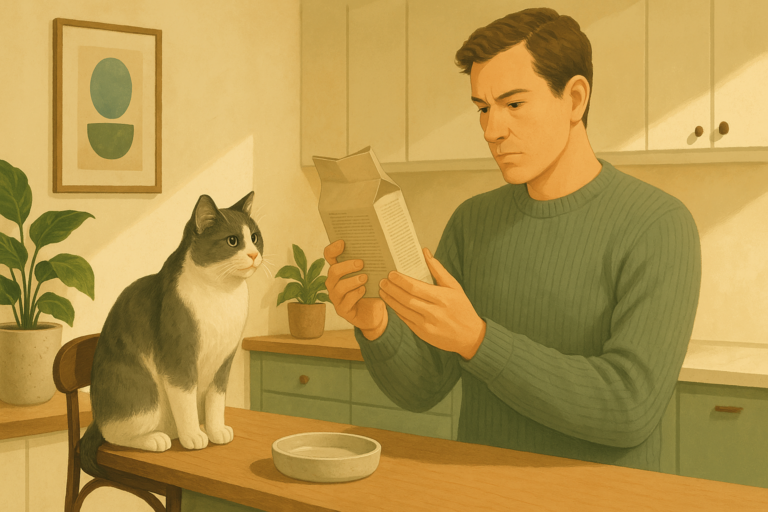 AI illustration of a person at a kitchen counter carefully reading the back of a plain cat food bag while a grey-and-white cat watches from a stool nearby.