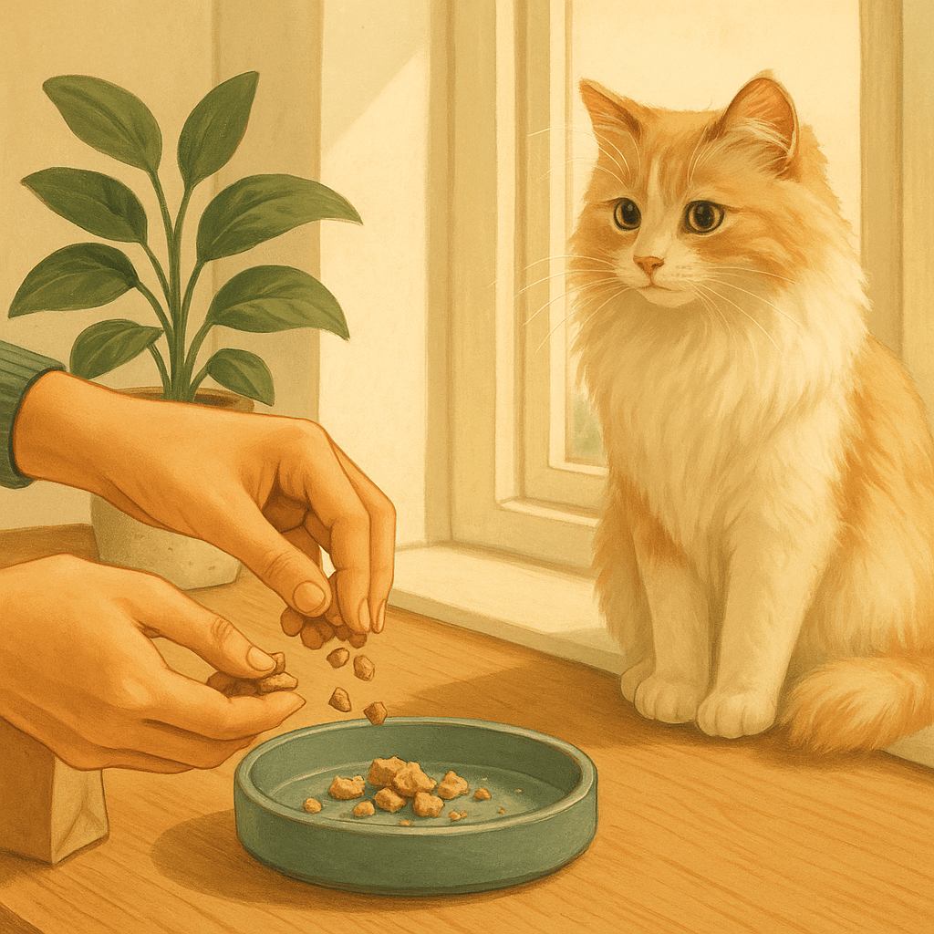AI illustration of hands crumbling freeze-dried food over a small dish at a counter while a long-haired cream cat watches attentively from a sunlit windowsill.