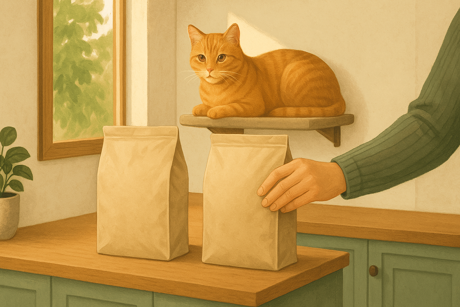 AI illustration of two plain cat food bags side by side on a kitchen counter with a person's hand resting on one, while an orange tabby watches from a window perch above.