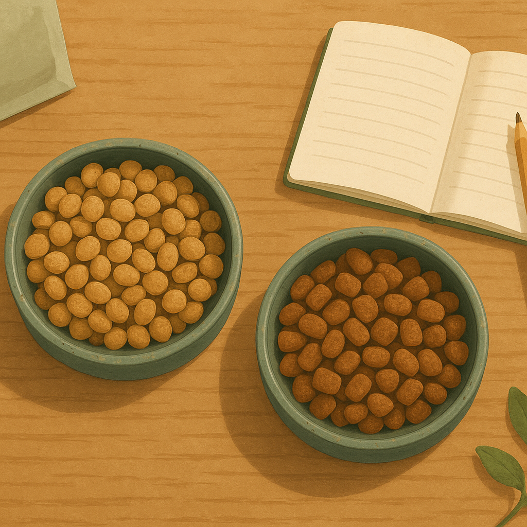 AI illustration of two bowls of dry cat kibble side by side on a wood counter with a small open notebook and pencil, arranged for comparison.