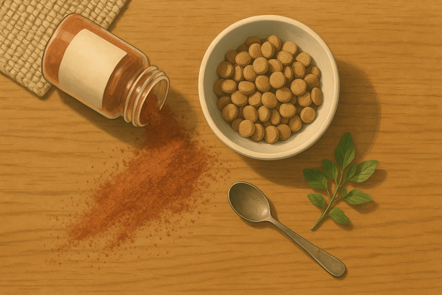 AI illustration of a small unlabelled jar of reddish-brown freeze-dried meat powder spilling over a white bowl of cat food on a wooden table, seen from above with a spoon and herbs alongside.