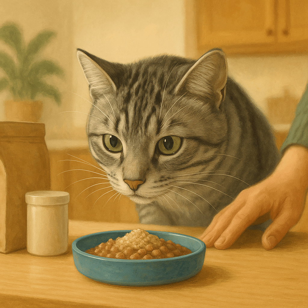AI illustration of a silver tabby cat on a kitchen counter leaning in close to sniff a freshly dusted bowl of food, whiskers forward and ears up with interest.