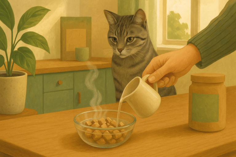 AI illustration of a hand pouring warm water from a small jug to rehydrate a bowl of freeze-dried raw cat food on a counter while a grey tabby cat watches.