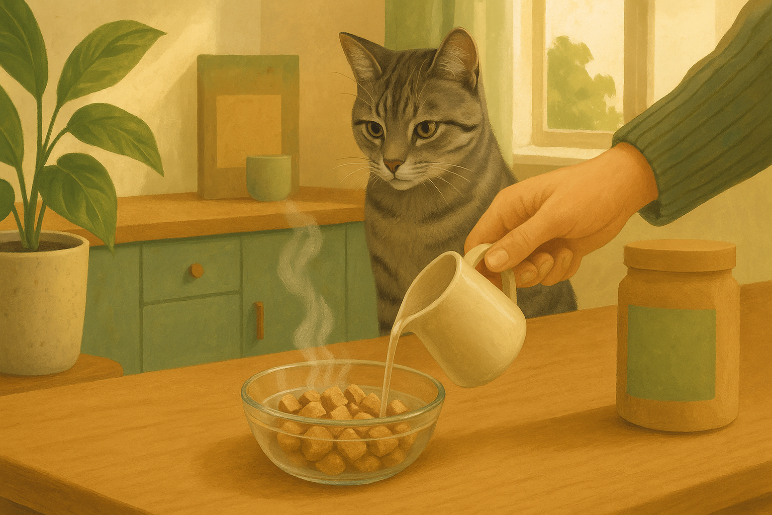 AI illustration of a hand pouring warm water from a small jug to rehydrate a bowl of freeze-dried raw cat food on a counter while a grey tabby cat watches.