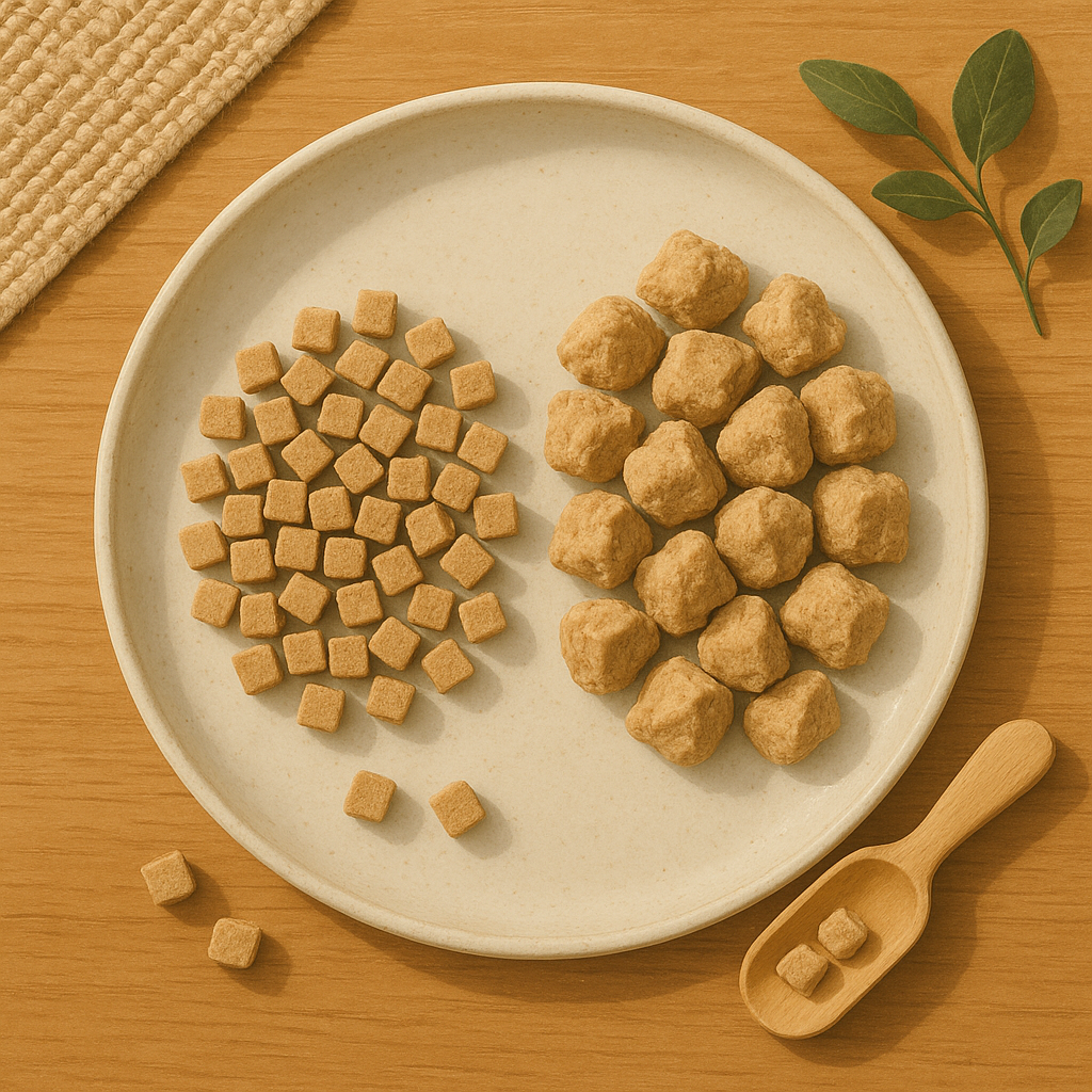 AI illustration of an overhead flat-lay comparing two heaps of freeze-dried raw cat food on a ceramic plate, small uniform morsels on the left and larger irregular nuggets on the right.