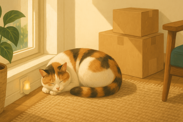 AI illustration of a calico cat resting calmly on a sunlit windowsill cushion in an apartment with moving boxes stacked nearby and a small diffuser glowing in a wall outlet.