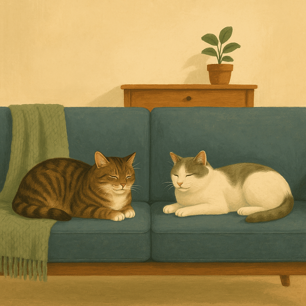 AI illustration of two cats resting calmly at opposite ends of a couch, both relaxed, illustrating peaceful coexistence in a multi-cat home.