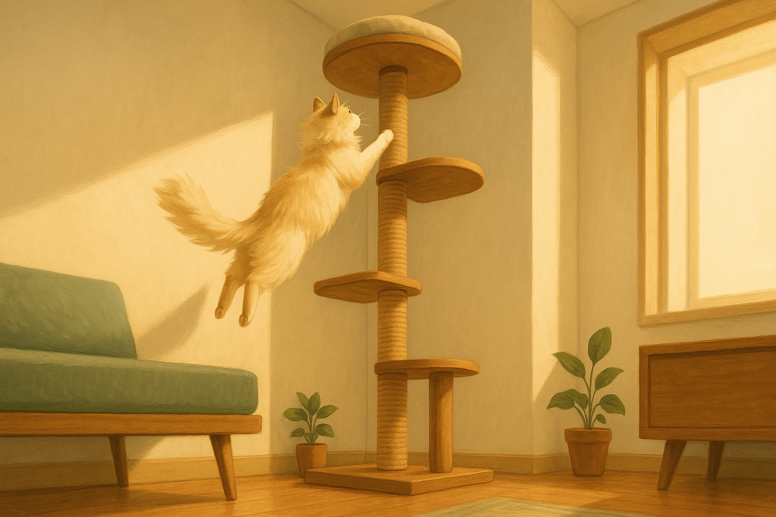 AI illustration of a cream long-haired cat leaping mid-air toward the top perch of a slim cat tree tucked into the corner of a small studio apartment, seen from a low floor-level angle.