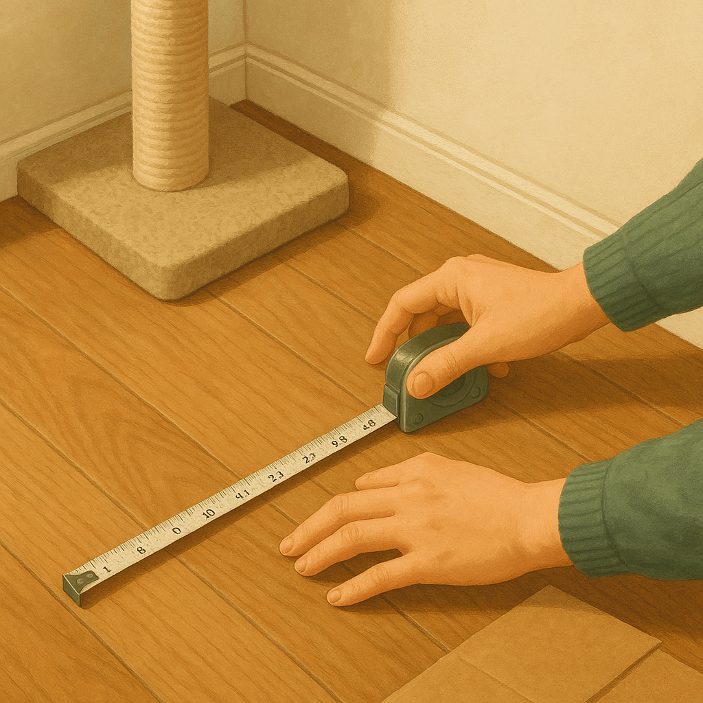 AI illustration of a pair of hands measuring a small corner of hardwood floor with a tape measure next to the compact base of a light-coloured cat tree.