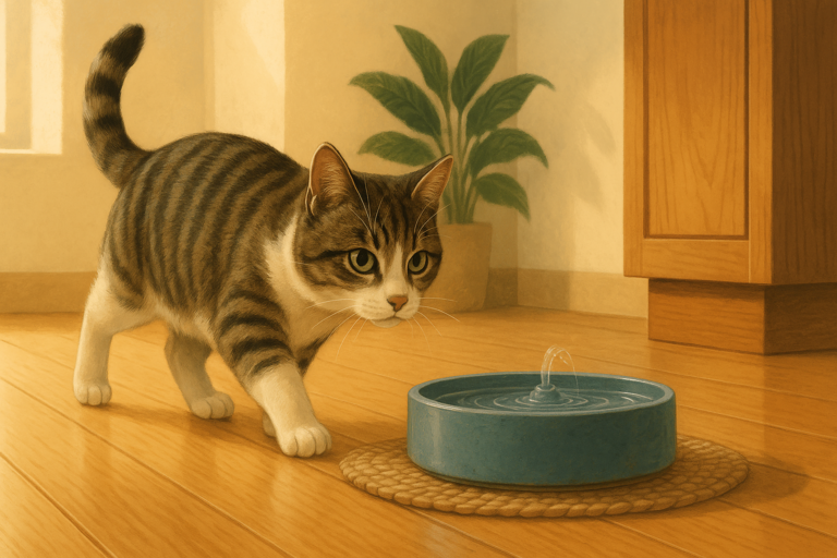 AI illustration of a grey and white cat walking across a sunlit kitchen floor toward a small pet water fountain, viewed from a low floor-level angle.
