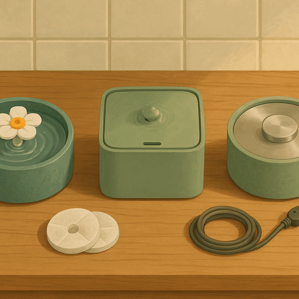 AI illustration of three compact pet water fountains and their replacement filters arranged in an overhead flat-lay on a wooden kitchen counter.