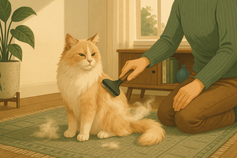 AI illustration of a long-haired cream cat sitting calmly on a rug while a person grooms its back with a deshedding tool, loose fur gathering in the air.