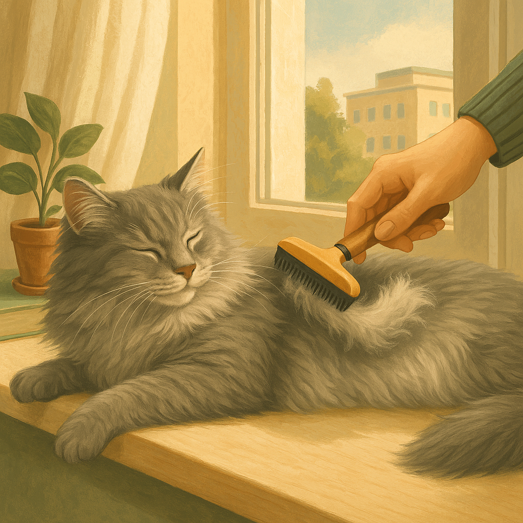 AI illustration of a long-haired grey cat being gently groomed on a sunlit windowsill, a soft pile of loose fur lifting from a deshedding tool held by a person's hand.