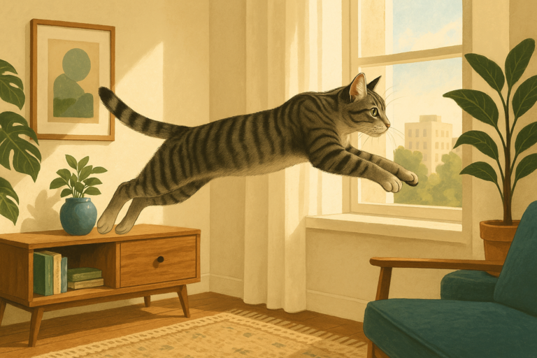 AI illustration of a lean, muscular grey tabby cat mid-leap from a console table toward a sunlit windowsill, its body stretched with visible energy.