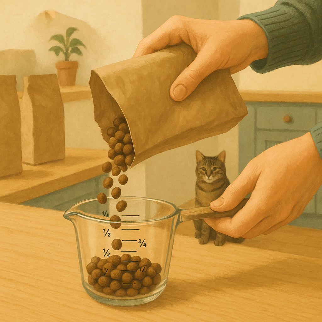 AI illustration of a person's hand pouring kibble from a plain bag into a clear measuring cup on a kitchen counter, with two more plain bags in the background and a tabby cat watching calmly from across the room.