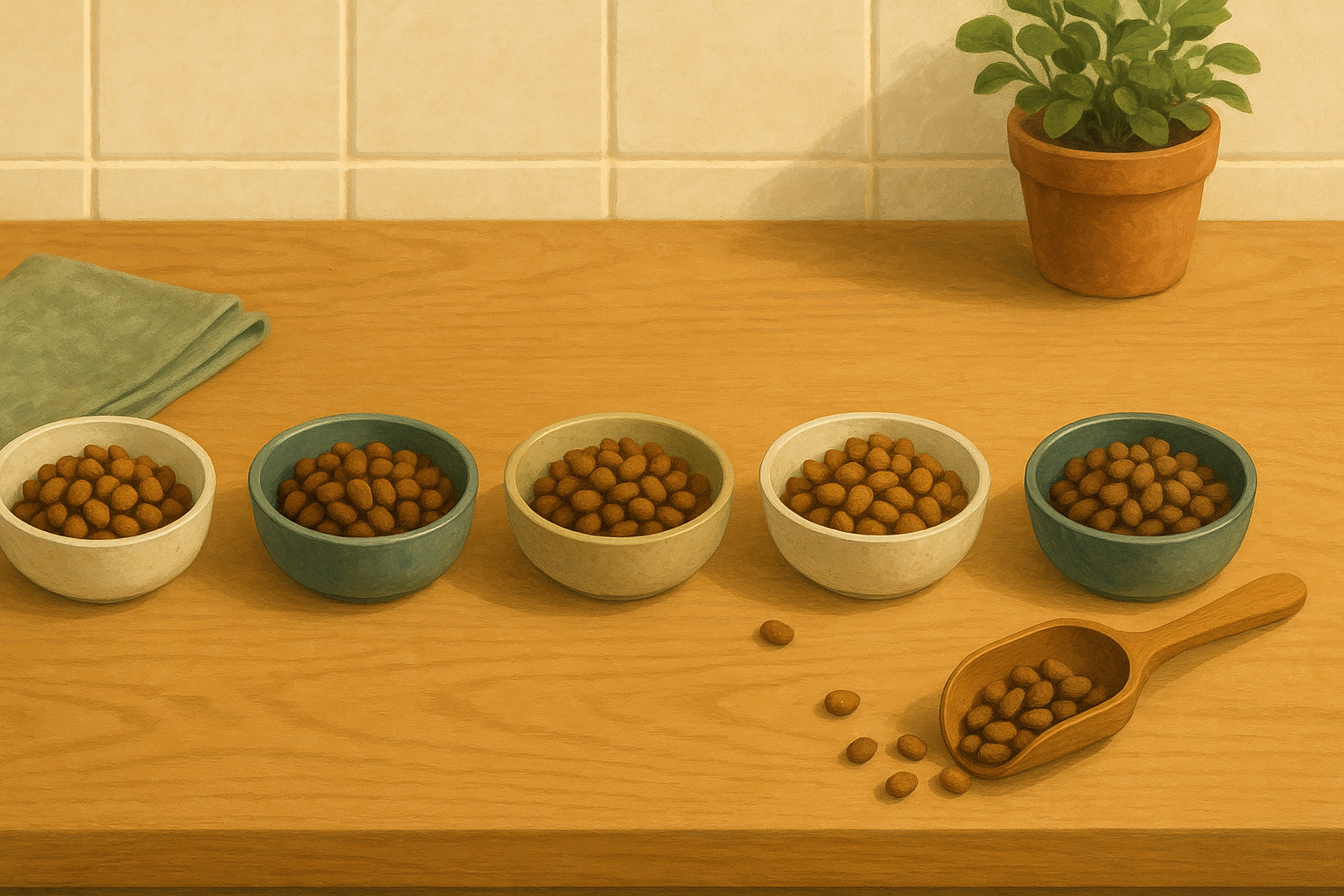 AI illustration of five small bowls of dry cat kibble arranged in an arc on a kitchen counter, each a slightly different shade, with a wooden scoop beside them.