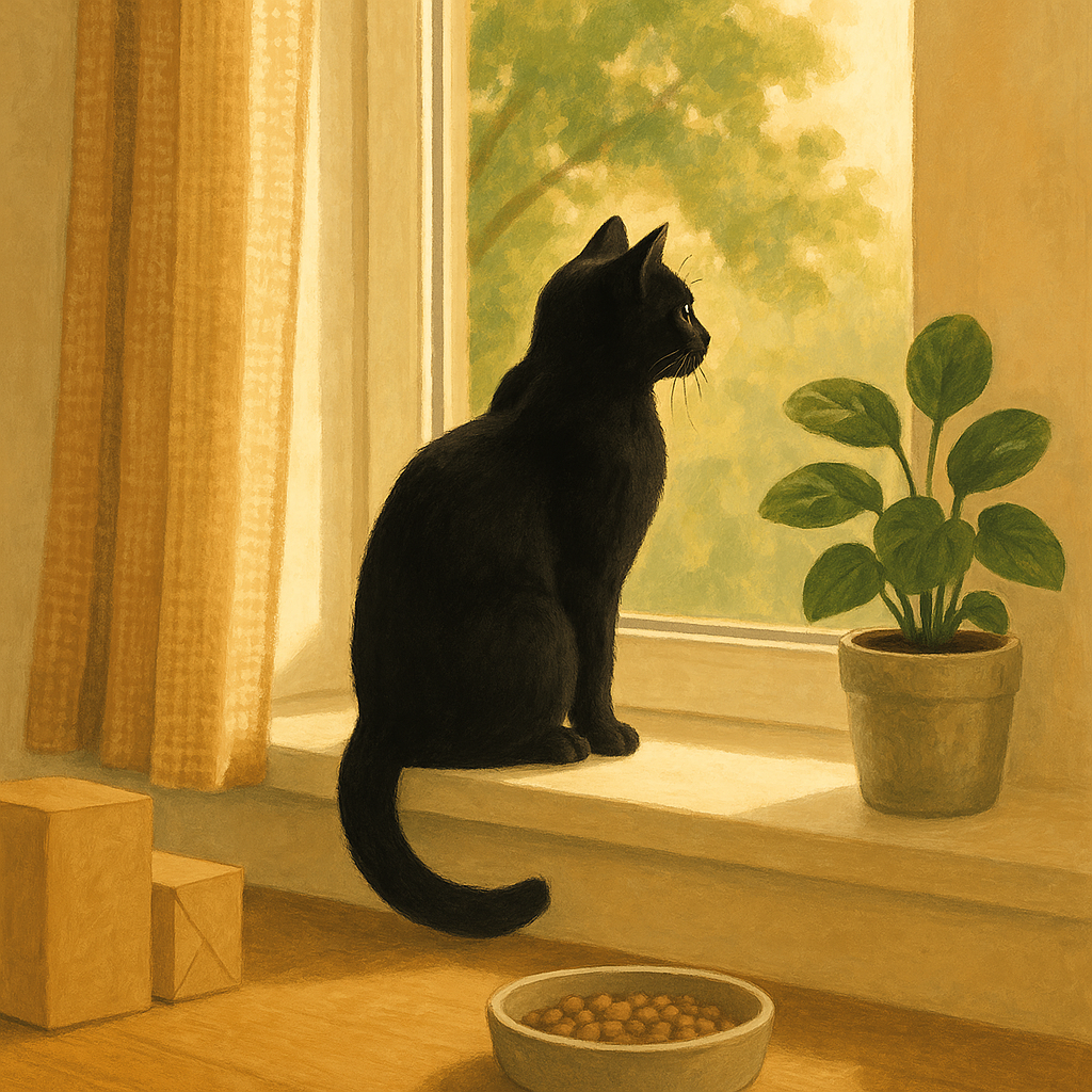 AI illustration of a solid black cat sitting on a sunlit windowsill looking outside, with a food bowl visible on the floor below.