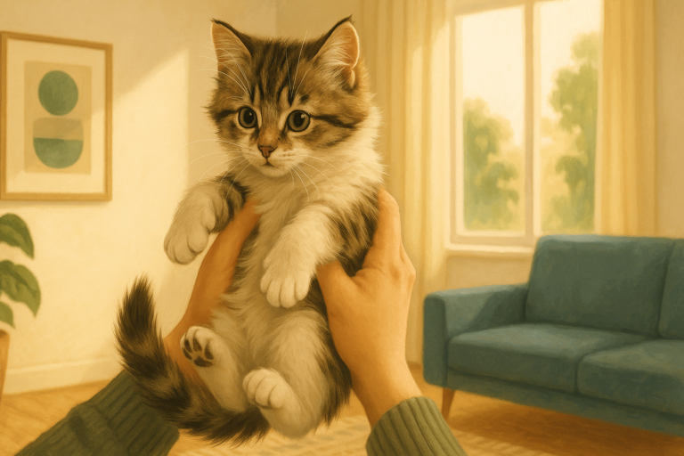 AI illustration of a pair of hands gently lifting a small fluffy kitten up for a close look in a sunlit living room.