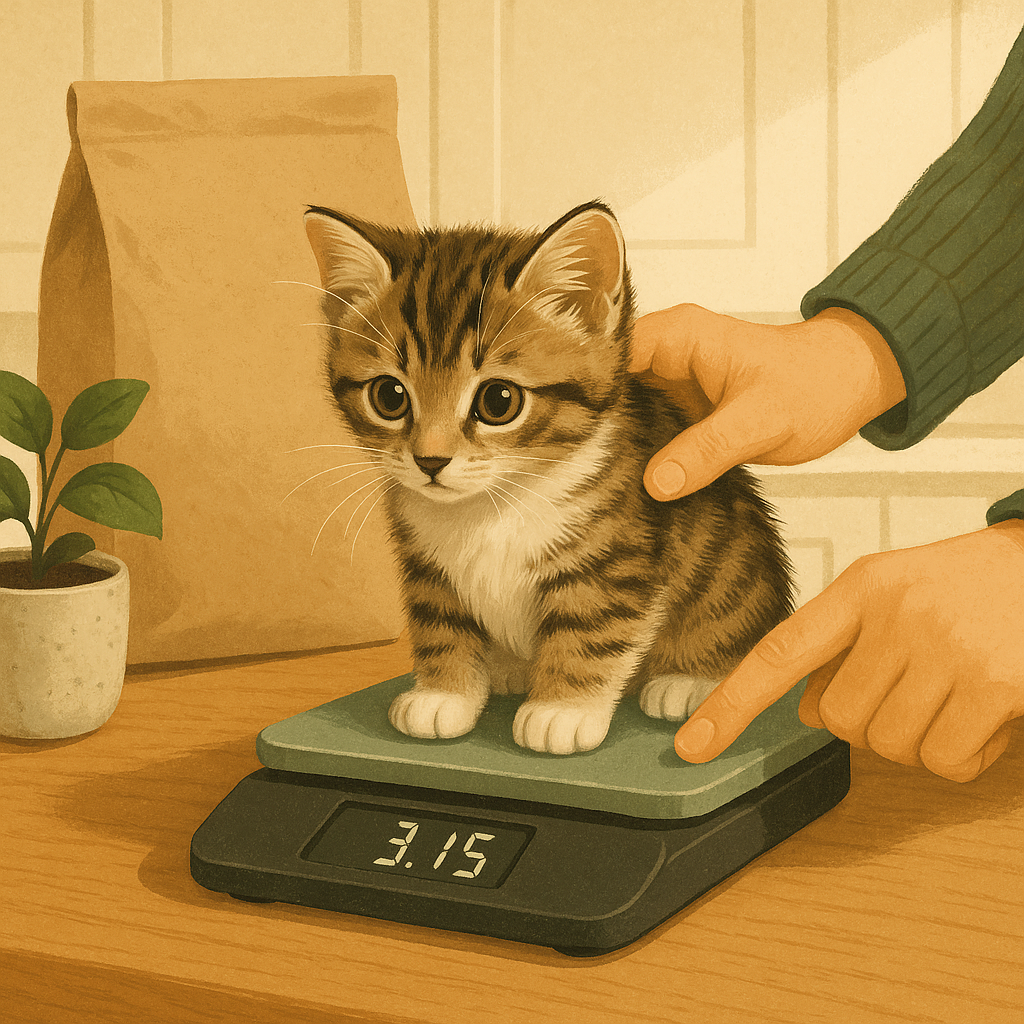 AI illustration of a kitten being gently weighed on a small kitchen scale while a hand steadies it, tracking growth.