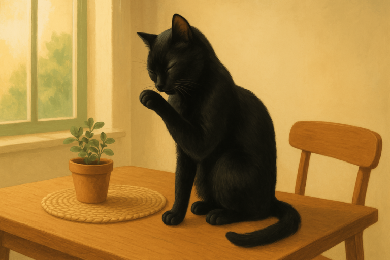 Illustration of a black cat with a glossy, well groomed coat sitting on a wooden dining table in morning sunlight.