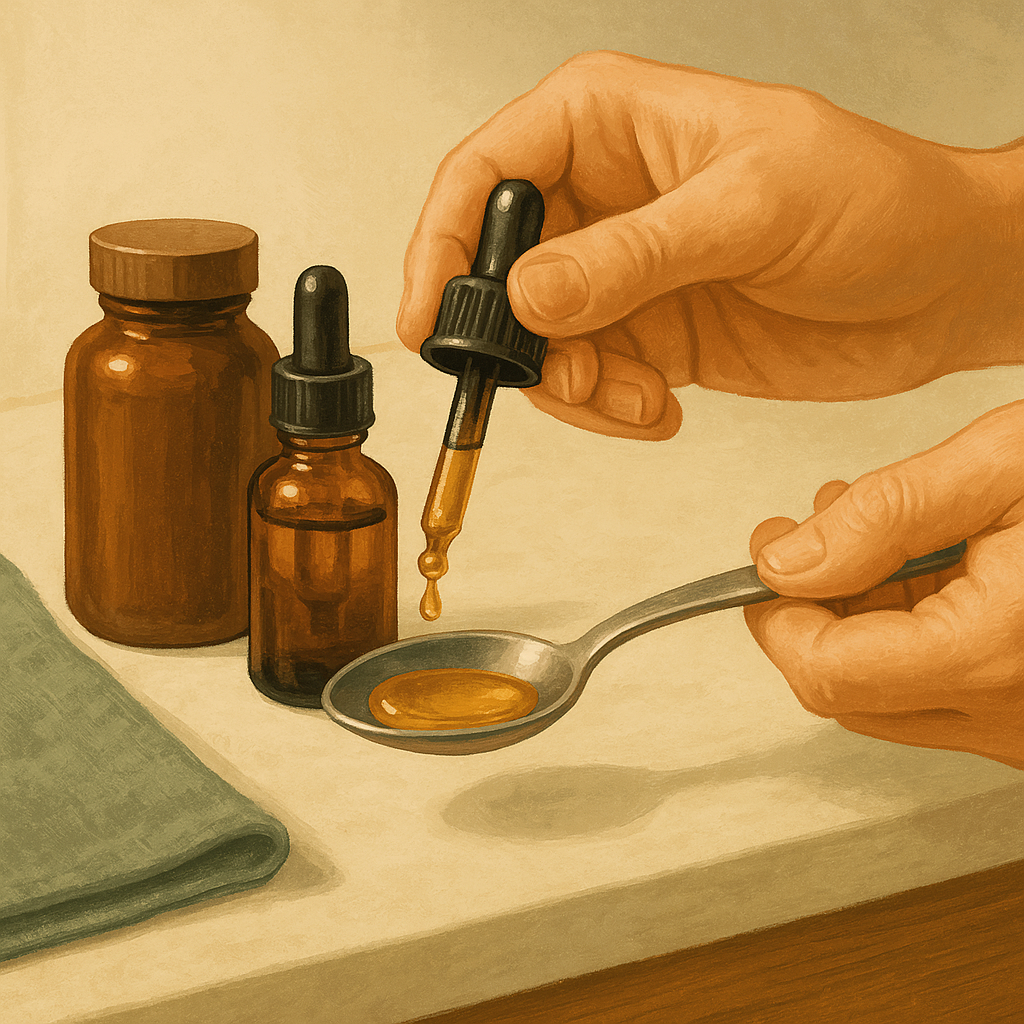Illustration of a person's hands pumping liquid fish oil from a dropper bottle onto a spoon, with a capsule bottle and pump bottle nearby on a kitchen counter.
