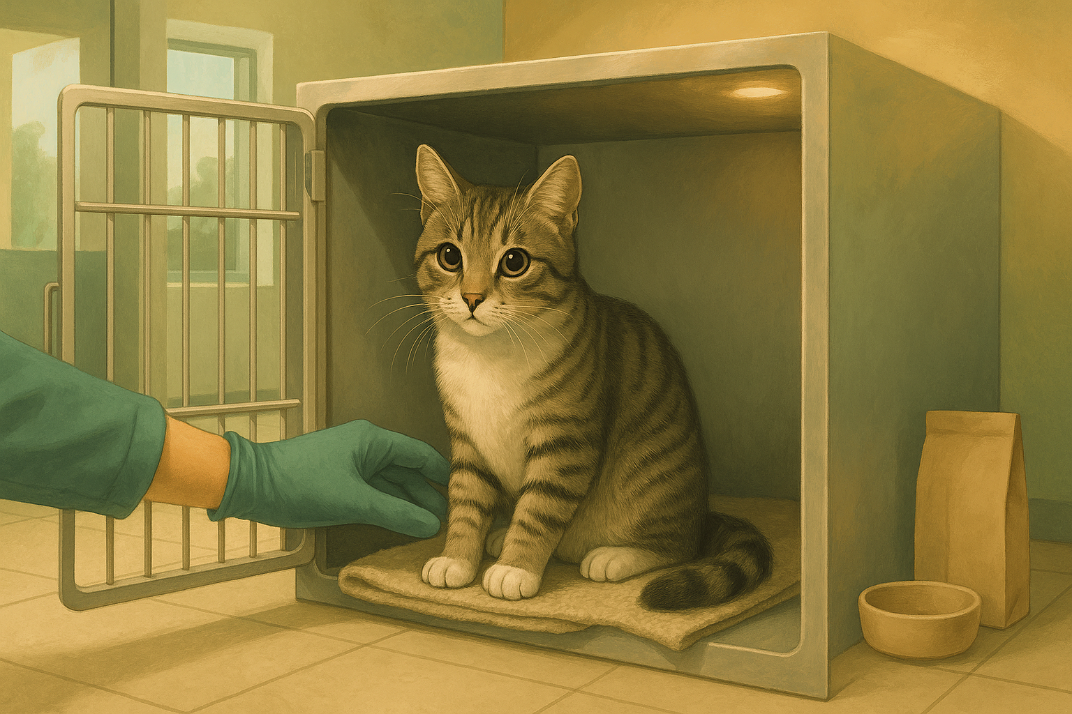 AI illustration of a grey tabby cat sitting calmly in an open shelter intake kennel while a gloved hand rests nearby during a check-in.