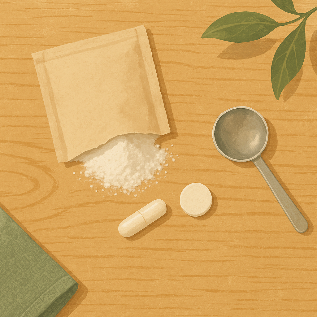 AI illustration of a torn-open plain probiotic powder sachet, a capsule and a tablet arranged on a wooden counter beside a small measuring scoop, showing the three common delivery formats.