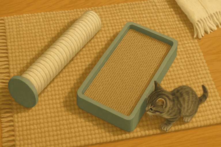 AI illustration of a sisal scratching post and a horizontal cardboard scratch lounge laid side by side on a rug, viewed from above, with a grey tabby kitten sniffing the cardboard lounge.