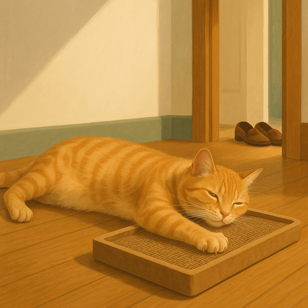 AI illustration of an orange tabby cat sprawled on its side on a wood floor, raking its front paws across a low horizontal cardboard scratch lounge near a hallway doorway.