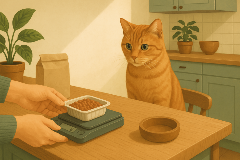 Illustration of a person weighing a portioned tray of wet cat food on a kitchen scale while an orange tabby cat watches from a nearby stool.