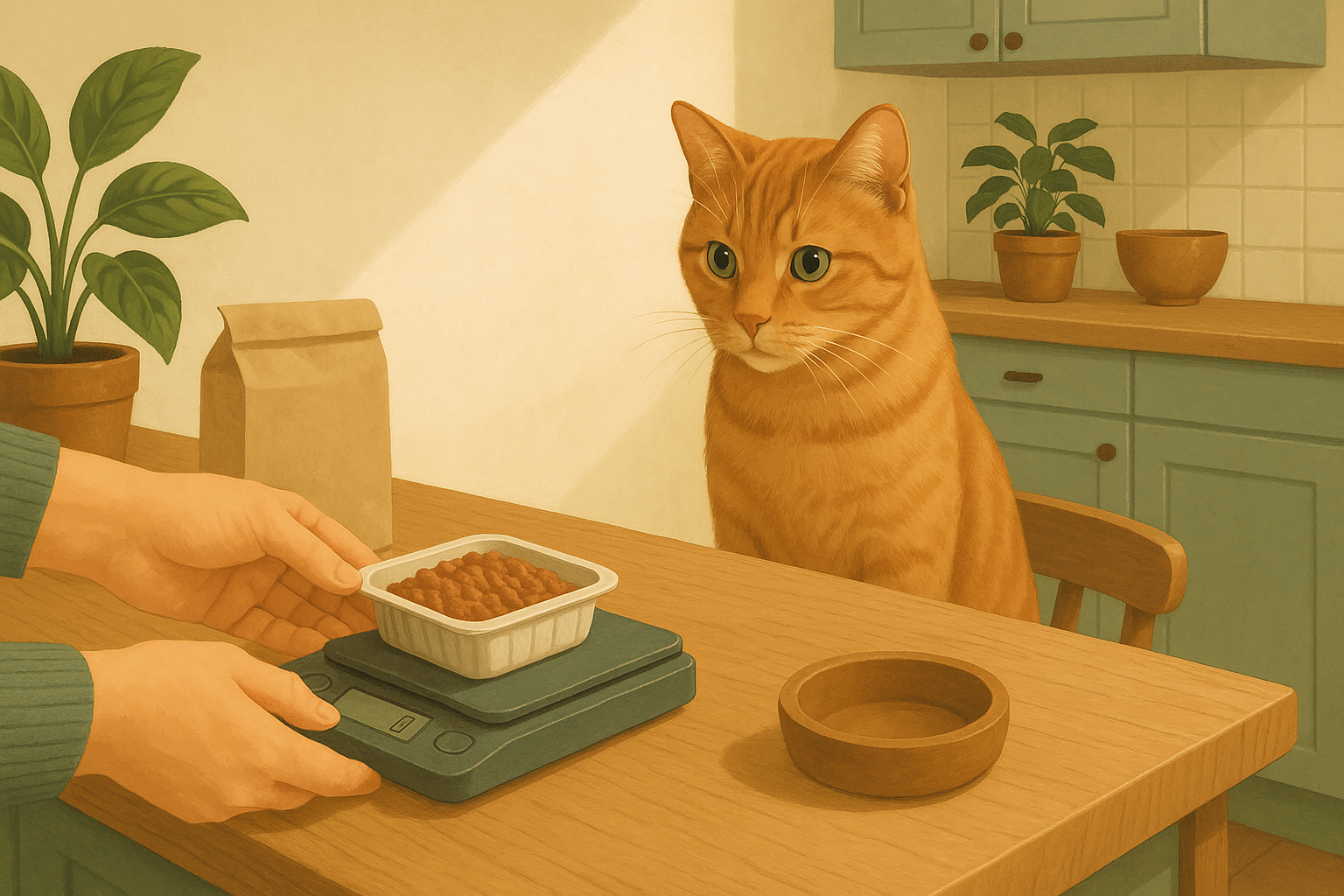 Illustration of a person weighing a portioned tray of wet cat food on a kitchen scale while an orange tabby cat watches from a nearby stool.