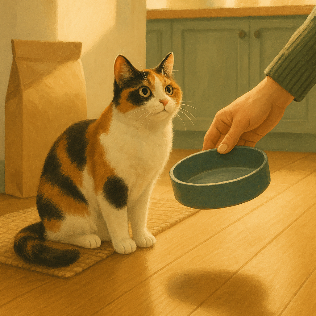 Illustration of a person picking up an empty food bowl from the kitchen floor at the end of a mealtime while a calico cat looks up attentively.