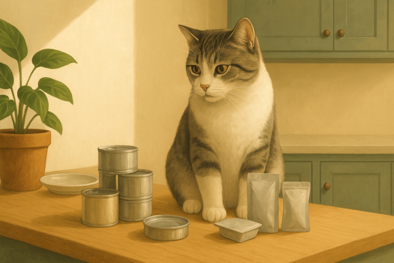 AI illustration of a grey and white cat sitting on a kitchen counter beside a small lineup of plain unlabelled cat food cans and pouches, considering the options.