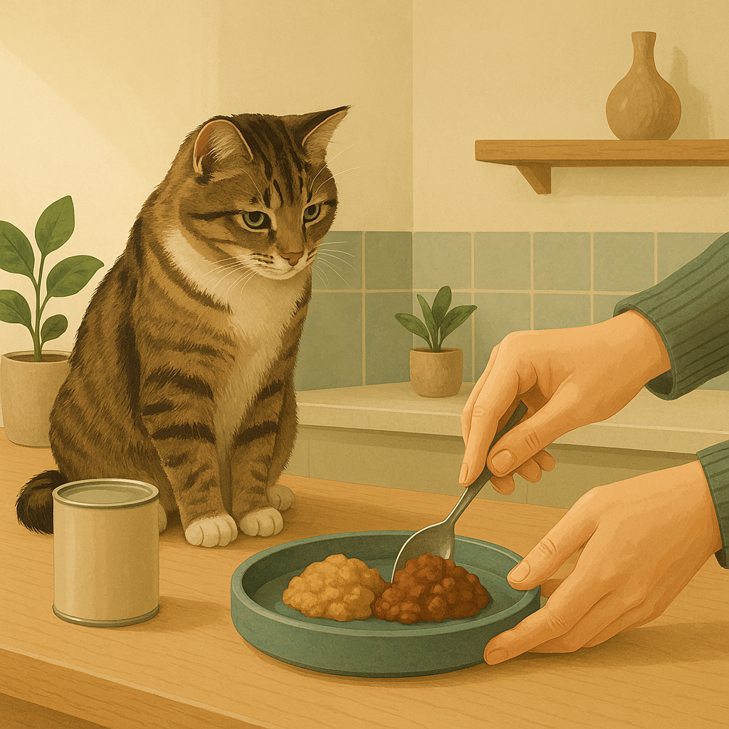 AI illustration of a person's hands stirring together two spoonfuls of wet cat food in a small dish to blend old and new food, while a relaxed tabby cat watches nearby.