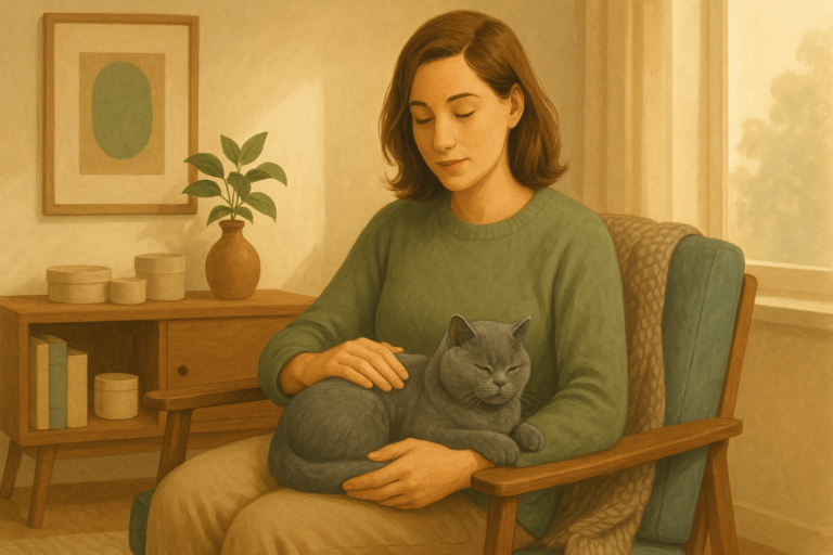 AI illustration of a person gently checking on a calm blue-grey cat curled in their lap in a sunlit living room.