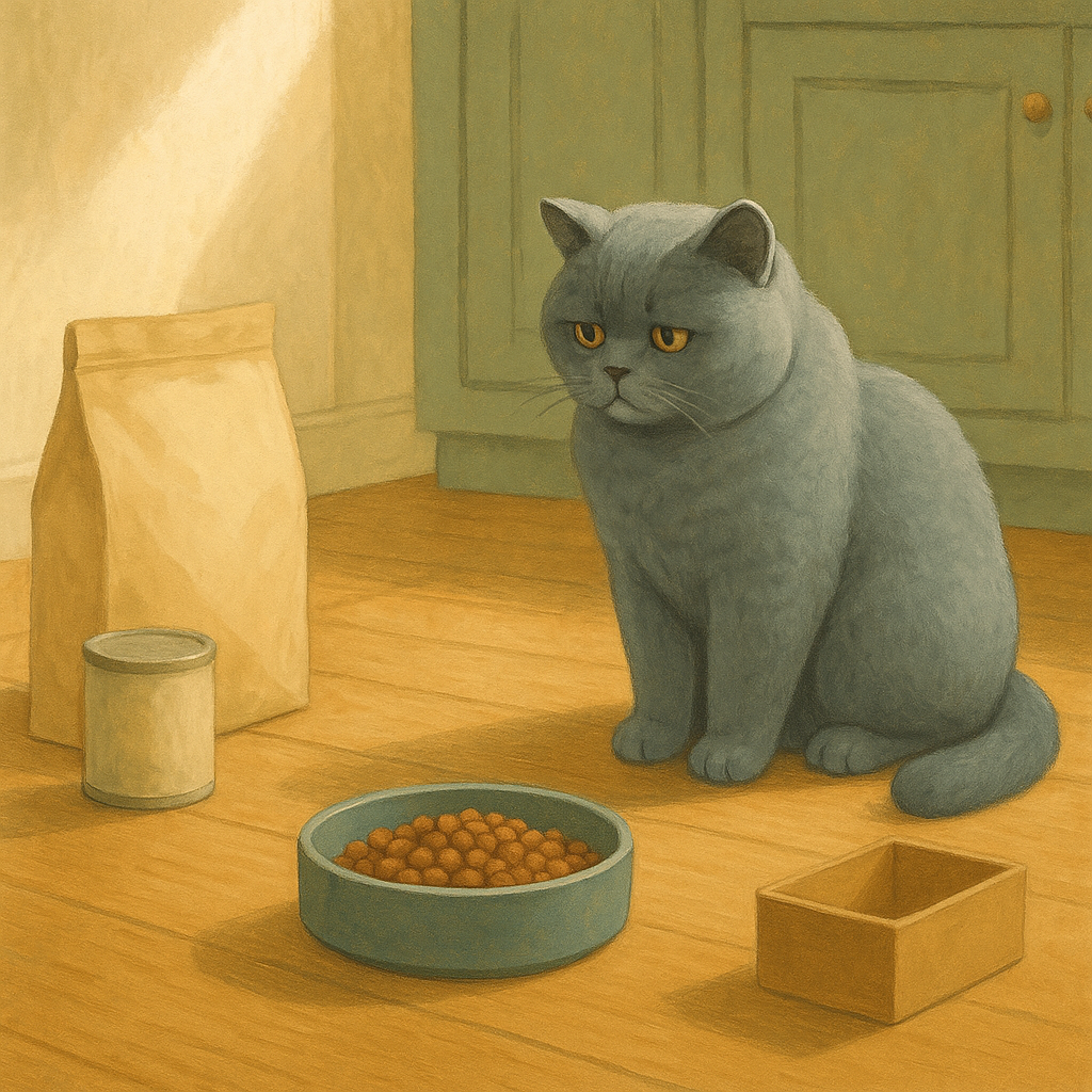 AI illustration of a blue-grey cat sitting back from a full food bowl on a kitchen floor, looking at it without approaching.
