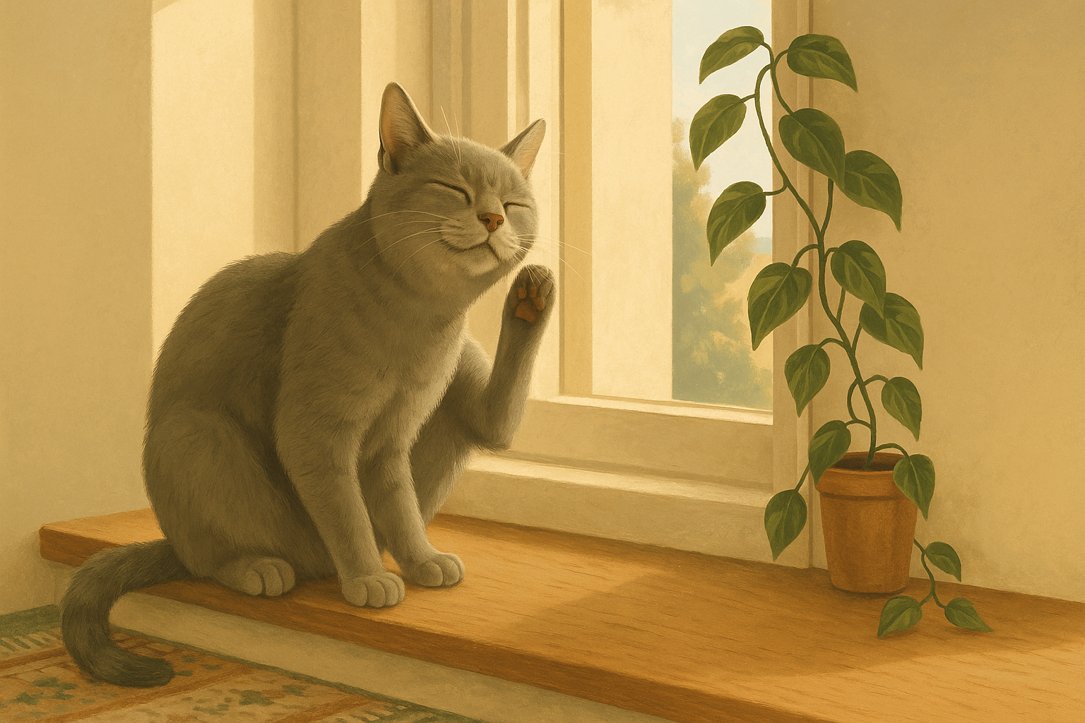 AI illustration of a grey shorthaired cat on a sunlit windowsill scratching behind its ear and neck with a hind leg.