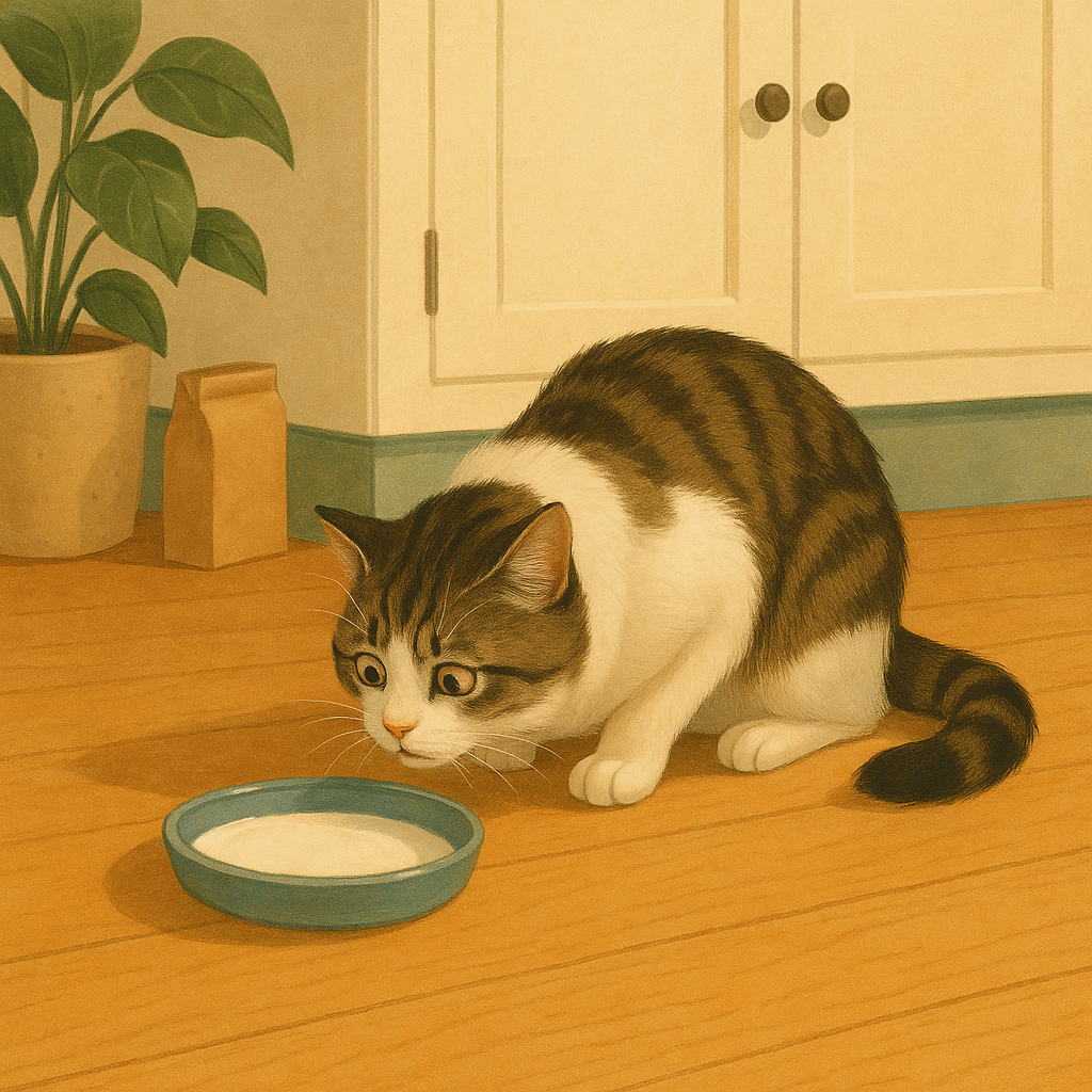 AI illustration of a tabby and white cat sniffing a small saucer of milk on a kitchen floor and leaning back uncertainly.