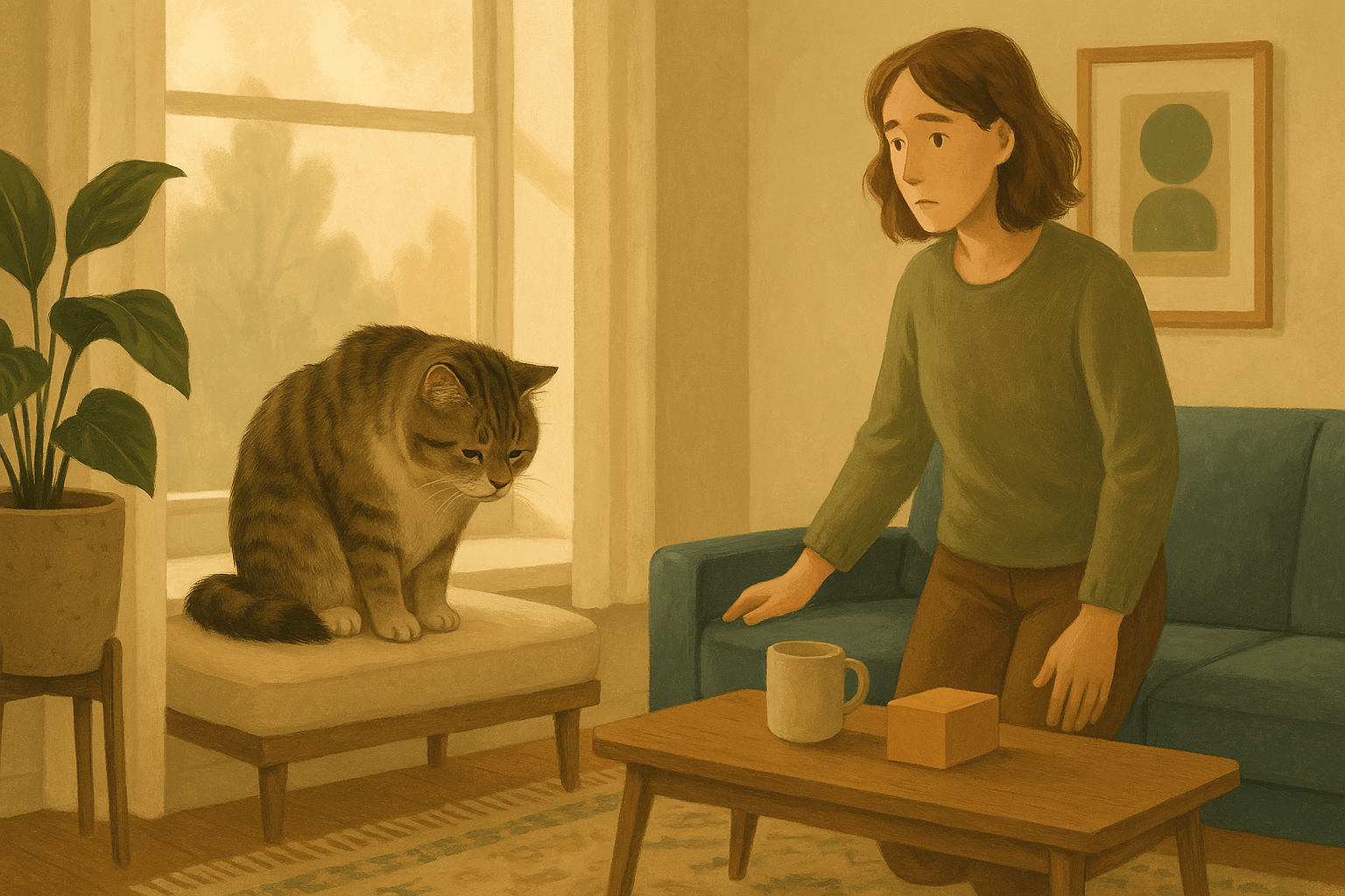 AI illustration of a person watching with concern as a subdued grey and brown tabby cat sits hunched on a sunlit windowsill cushion.