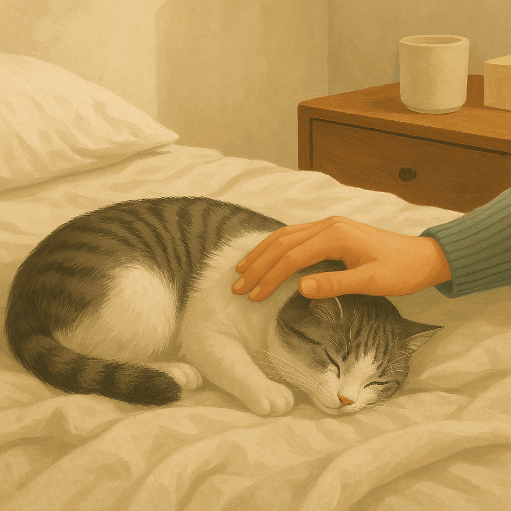 AI illustration of a person resting a hand gently on a sleeping grey and white cat curled on a bed, quietly counting its breathing.