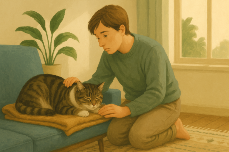 AI illustration of a person kneeling beside a relaxed brown tabby cat on a couch and resting a gentle hand on its side, checking on the cat with quiet concern in a warm apartment.