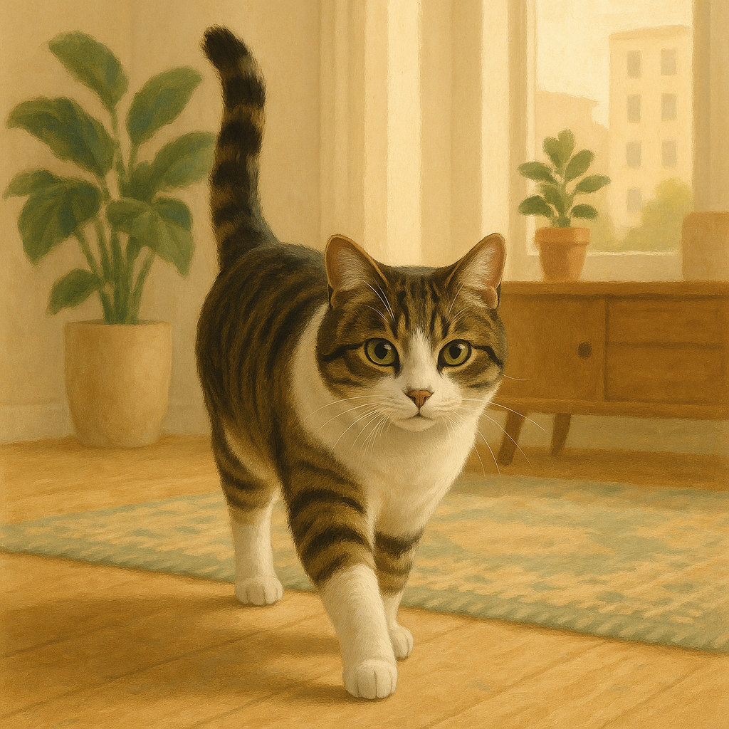 AI illustration of a healthy brown tabby and white cat walking across a clean sunlit living room floor with its tail raised, looking alert and well.